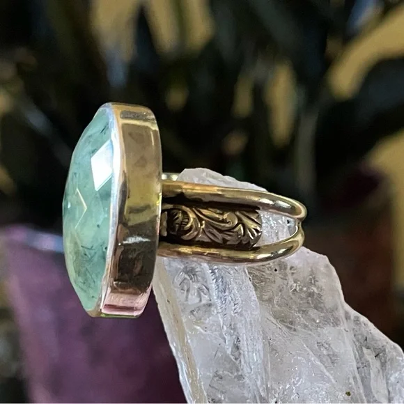 Faceted Prehnite Sterling Silver Ring Floral Band by designer Kyri